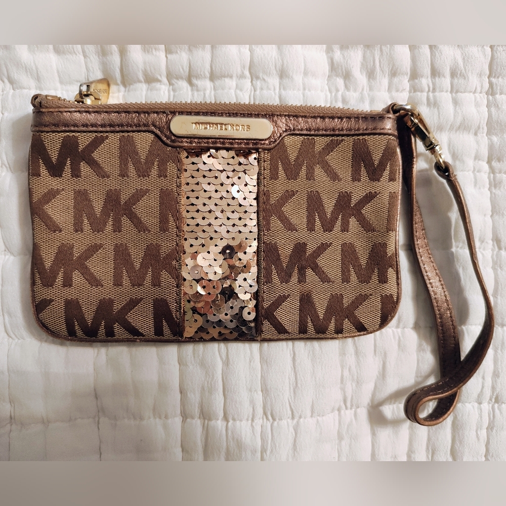 Michael Kors Tan and Gold Sequin Wristlet